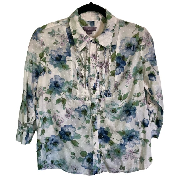 Laura Scott Tops - Laura Scott Size Medium Petite Floral Button Down 3/4 Sleeve Cotton Blouse